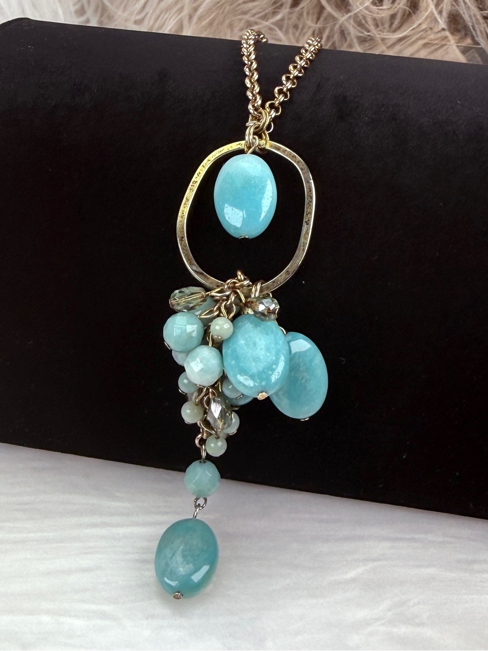 Vintage Blue Beaded Cluster Pendant Long Necklace Aged Gold Tone Brasstone Boho